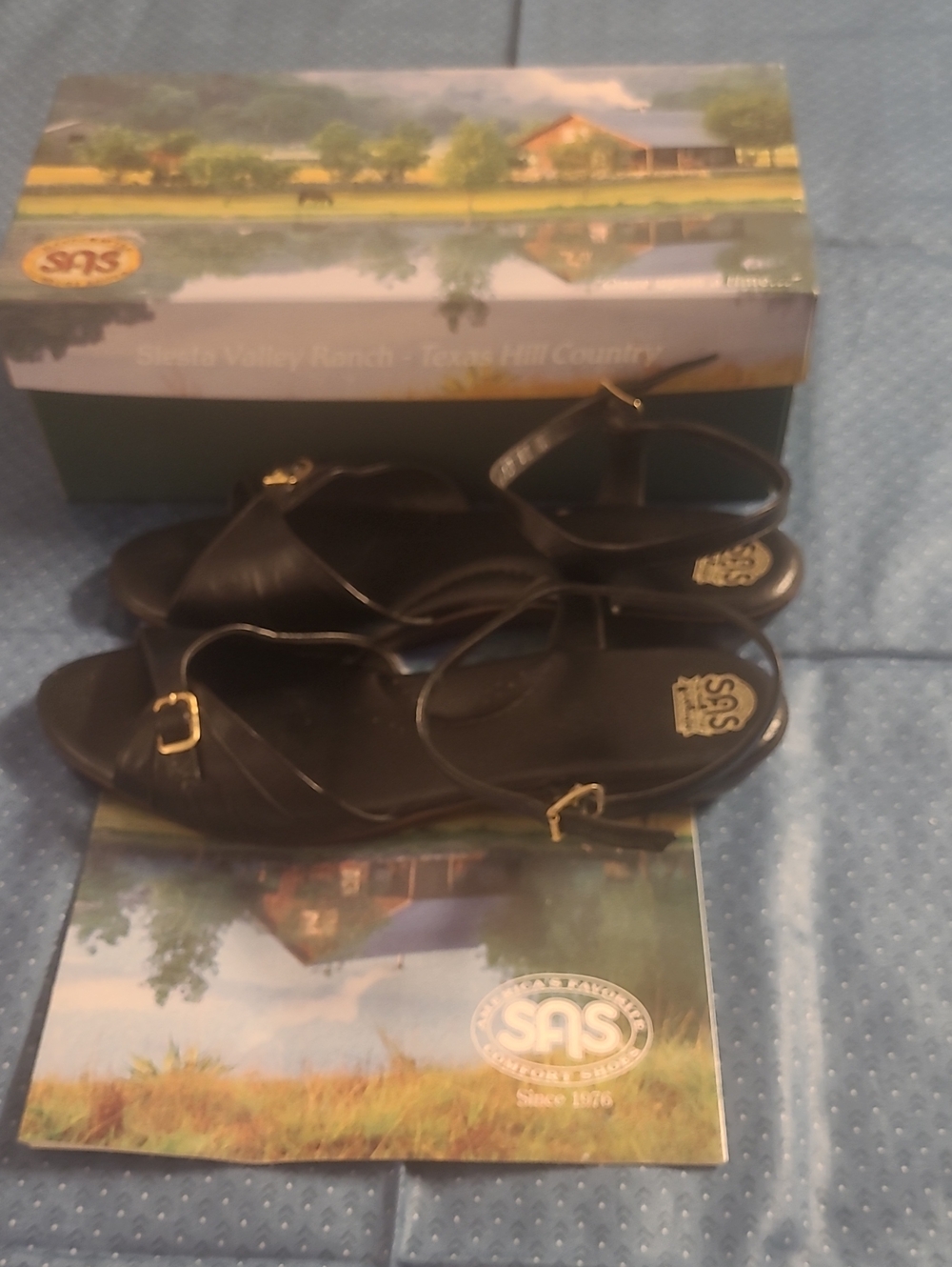 SAS Black Leather Women’s Strappy Ankle Sandals with Gold Buckles